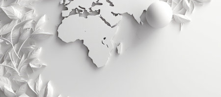 3d rendering of a white background with a world map and paper leavesの素材