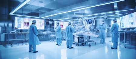 Team surgeon at work in operating room with surgery equipment. Modern medical backgroundの素材