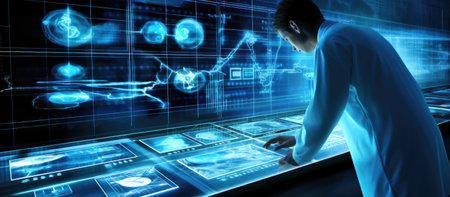 Businessman in suit looking at hologram screen against blue background 3D renderingの素材