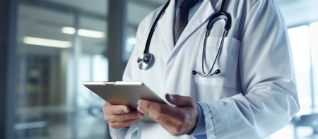 Male doctor using tablet computer at hospital. Medical and healthcare concept.の素材