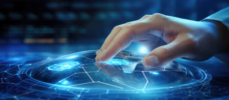 Businessman pressing virtual button with digital blue hologram. 3D renderingの素材