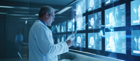 Doctor looking at x-ray images in hospital. panoramic bannerの素材