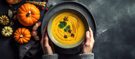 Pumpkin soup with spices in woman hands on dark background. Top view.の素材
