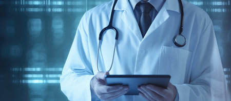 Close-up of a doctor holding a tablet computer in his handsの素材