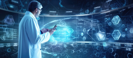 Scientist in white coat using tablet computer against blue background with hexagonsの素材