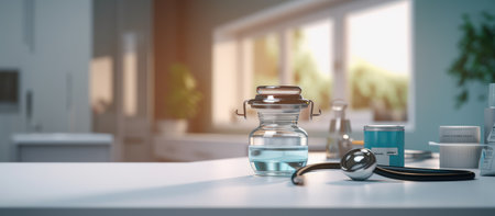 Medicine bottle and stethoscope on table. 3d renderingの素材