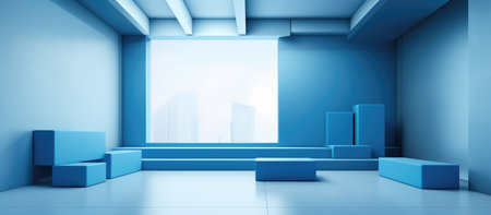 Abstract blue interior with empty podium. 3d render illustration mock upの素材