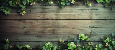 Wooden background with green plants and flowers. Copy space for text.の素材