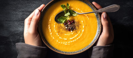Pumpkin soup in a bowl in the hands of a girlの素材