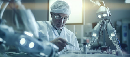 Senior male scientist working in laboratory. Science and technology concept. Double exposureの素材