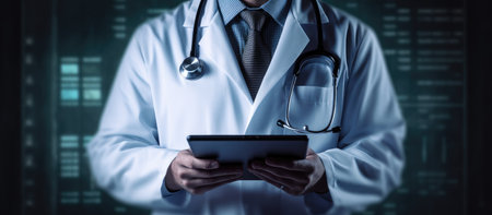 Close up of male doctor using tablet computer. Medical and healthcare conceptの素材