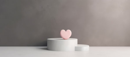 3d rendering of white podium with pink heart shape in front of grey backgroundの素材