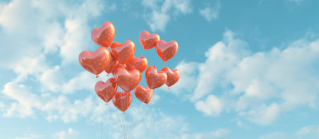 Red heart shaped balloons on blue sky background. Valentines day concept. 3D Renderingの素材