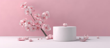 3d render of minimal product display podium with cherry blossom flowersの素材