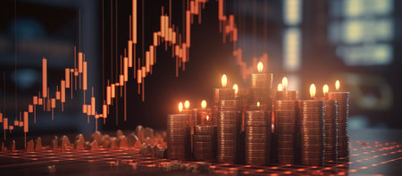 Stacks of coins with candle light and stock market chart. 3D renderingの素材