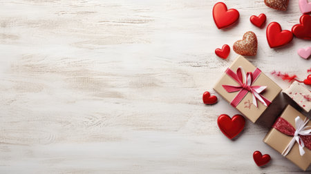 Valentine's day background with gift boxes and red hearts on wooden tableの素材