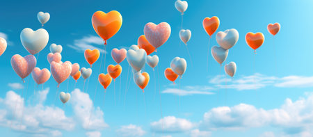 Valentine's day background with heart shaped balloons on blue skyの素材
