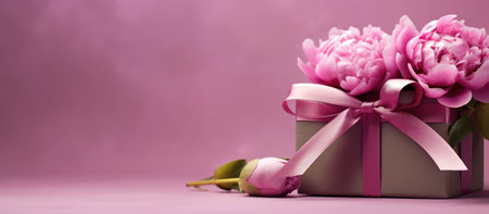 Gift box with pink peony flowers on a pink background.の素材