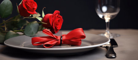 Valentine's Day table setting with red roses on dark backgroundの素材