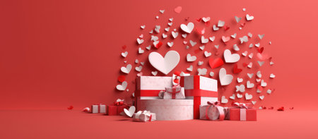 Valentine's day background with gift boxes and hearts. 3D renderingの素材