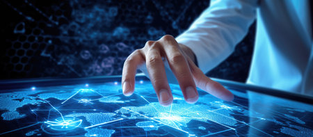 Businessman on blurred background using digital world map with connection lines 3D renderingの素材