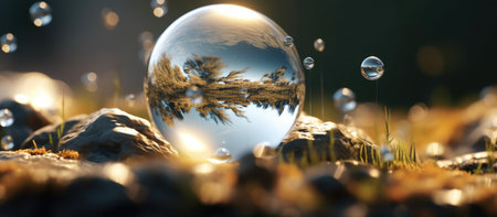 3d illustration of a crystal ball with a forest in the backgroundの素材
