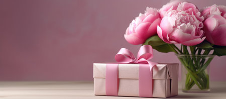 Bouquet of pink peonies and gift box on wooden tableの素材