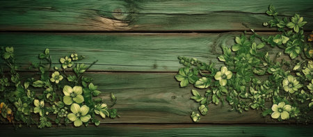 Wooden background with green leaves and flowers. Copy space for text.の素材