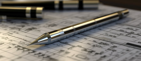 3d render of a architectural blueprint with a pen on a deskの素材
