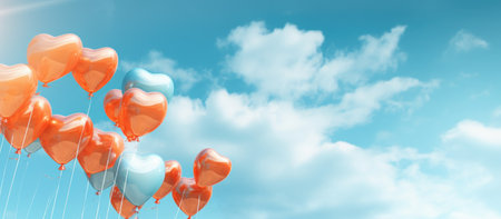 Colorful heart shaped balloons flying in the blue sky. 3D Renderingの素材