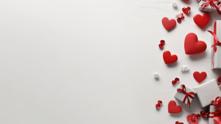 Valentine's Day background with red hearts and gift box on white wooden tableの素材