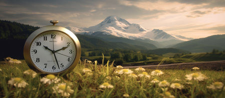 Vintage pocket watch on the meadow with mountain peak in backgroundの素材