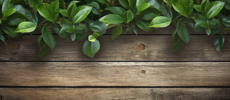 Wooden background with green leaves. High resolution photo. Full depth of field.の素材