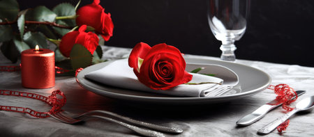 Romantic table setting with red rose on black background. Selective focus.の素材