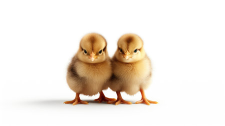 Two little yellow chickens isolated on a white background. Easter concept.の素材
