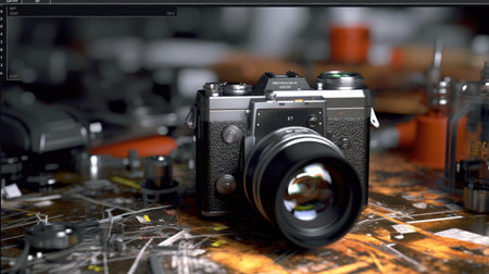 Close-up view of old camera on the table. 3d renderingの素材
