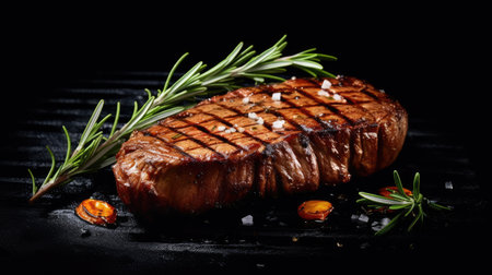 Grilled beef steak with rosemary and spices on a black backgroundの素材