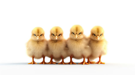 Five yellow chickens isolated on a white background. 3d render.の素材