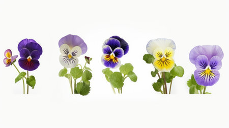 Set of pansy flowers isolated on white background. Viola tricolor.の素材
