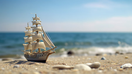 ship model on the beach with the sea in the background. 3d renderingの素材