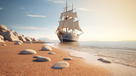 Sailing ship on the seashore at sunset. 3d renderの素材