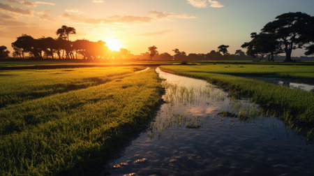 Landscape of rice field at sunset time in countryside of Thailand.の素材
