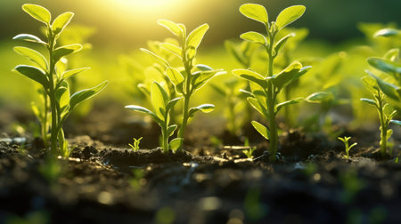 Green sprout growing from seed in the morning light. Agriculture concept.の素材