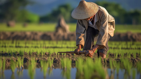 Farmer planting rice seedlings in the paddy field in Thailandの素材