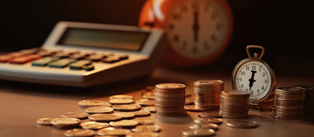 Coins and alarm clock on the table. Time is money.の素材