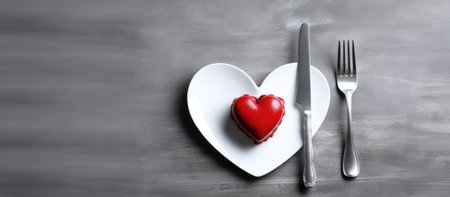 Valentine's day concept. Red heart on a plate with knife and fork.の素材