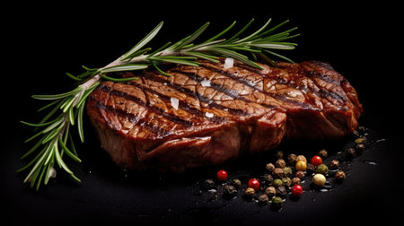 Grilled beef steak with rosemary and spices on a black backgroundの素材