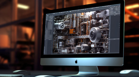 3D rendering of industrial equipment on computer screen in dark office at nightの素材