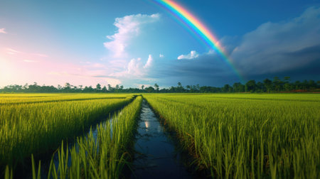 Rice field and rainbow in the blue sky with white clouds.の素材