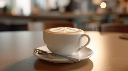 Cup of cappuccino on table in cafe, closeupの素材